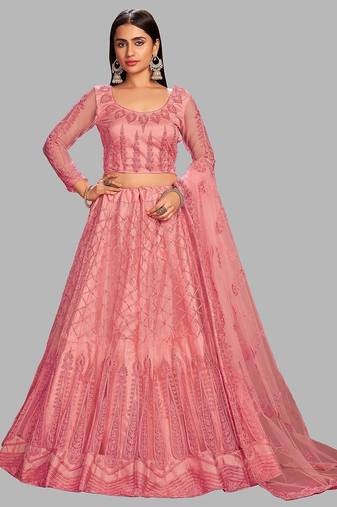 Pink Embroidered Thread Work Semi-Stitched Lehenga & Unstitched Blouse With Dupatta