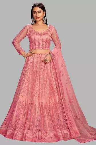 Pink Embroidered Thread Work Semi-Stitched Lehenga & Unstitched Blouse With Dupatta