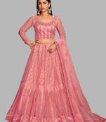 Pink Embroidered Thread Work Semi-Stitched Lehenga & Unstitched Blouse With Dupatta
