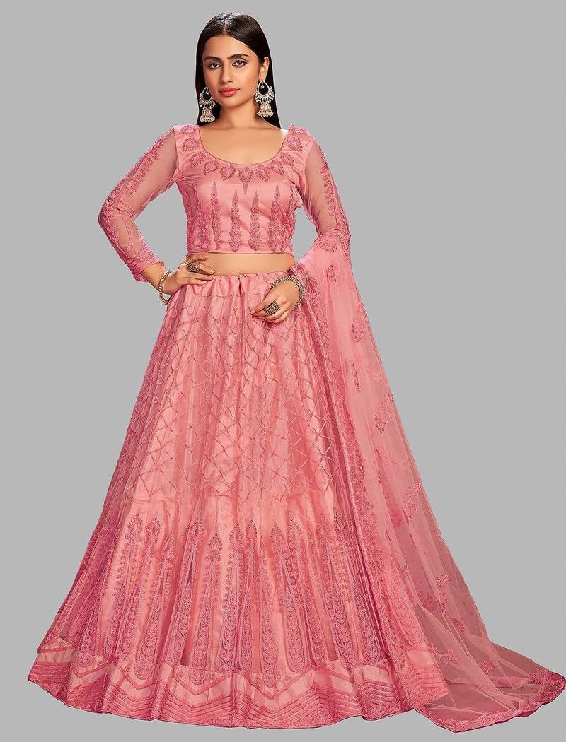 Pink Embroidered Thread Work Semi-Stitched Lehenga & Unstitched Blouse With Dupatta