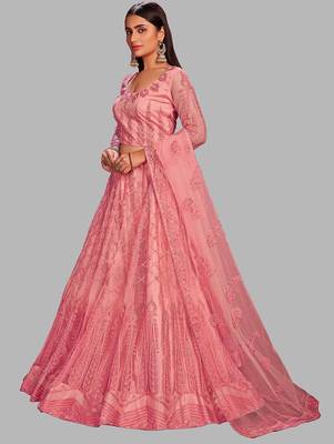 Pink Embroidered Thread Work Semi-Stitched Lehenga & Unstitched Blouse With Dupatta 2