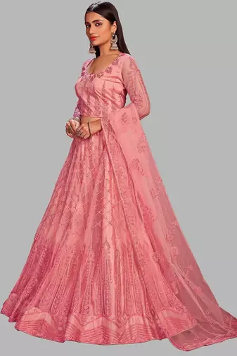 Pink Embroidered Thread Work Semi-Stitched Lehenga & Unstitched Blouse With Dupatta