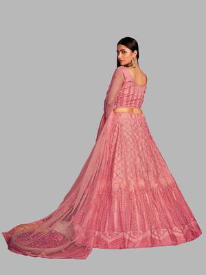 Pink Embroidered Thread Work Semi-Stitched Lehenga & Unstitched Blouse With Dupatta 3