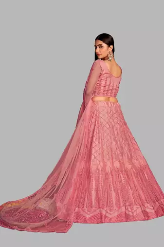 Pink Embroidered Thread Work Semi-Stitched Lehenga & Unstitched Blouse With Dupatta