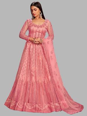 Pink Embroidered Thread Work Semi-Stitched Lehenga & Unstitched Blouse With Dupatta 4