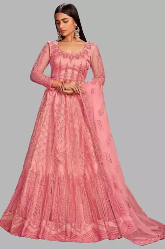 Pink Embroidered Thread Work Semi-Stitched Lehenga & Unstitched Blouse With Dupatta