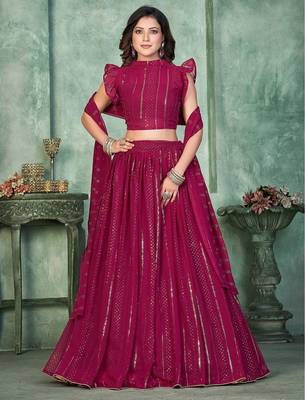 Embroidered Thread Work Semi-Stitched Lehenga & Unstitched Blouse With Dupatta 1