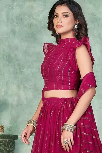 Embroidered Thread Work Semi-Stitched Lehenga & Unstitched Blouse With Dupatta