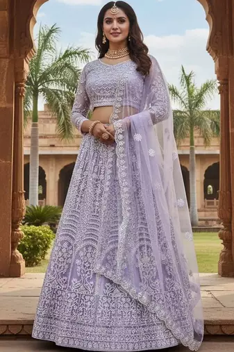 Embroidered Thread Work Semi-Stitched Lehenga & Blouse With Dupatta