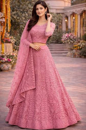 Embroidered Thread Work Semi-Stitched Lehenga & Blouse With Dupatta