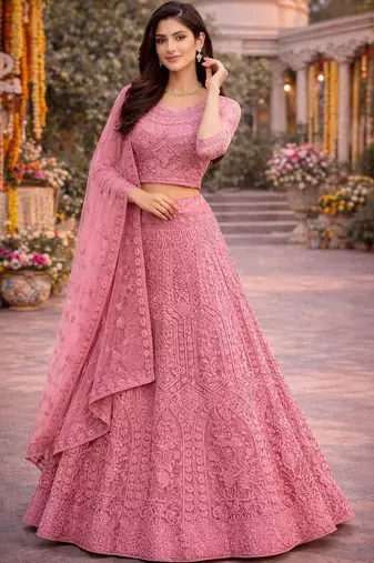 Embroidered Thread Work Semi-Stitched Lehenga & Blouse With Dupatta