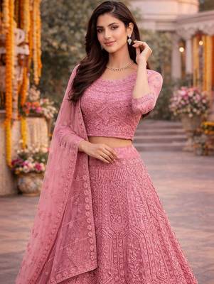 Embroidered Thread Work Semi-Stitched Lehenga & Blouse With Dupatta 3