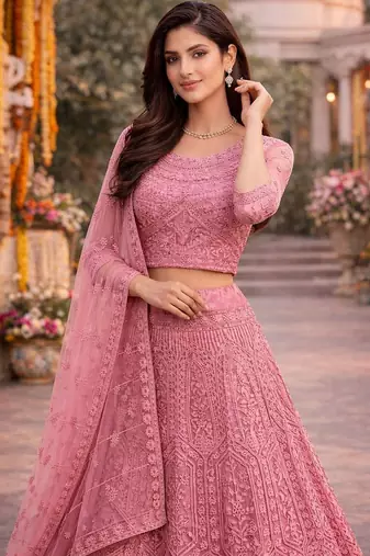Embroidered Thread Work Semi-Stitched Lehenga & Blouse With Dupatta