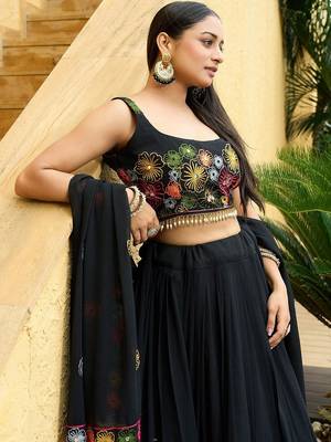 Embroidered Mirror Work Semi-Stitched Lehenga & Blouse With Dupatta 1