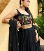 Embroidered Mirror Work Semi-Stitched Lehenga & Blouse With Dupatta