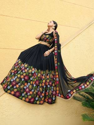 Embroidered Mirror Work Semi-Stitched Lehenga & Blouse With Dupatta 2