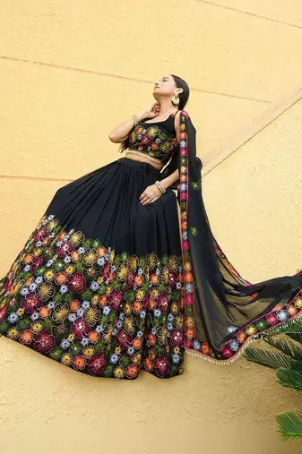 Embroidered Mirror Work Semi-Stitched Lehenga & Blouse With Dupatta