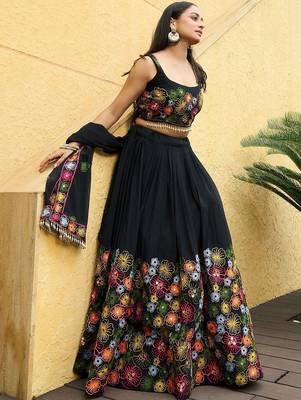 Embroidered Mirror Work Semi-Stitched Lehenga & Blouse With Dupatta 3