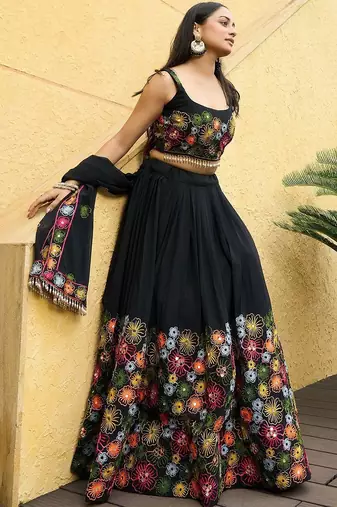Embroidered Mirror Work Semi-Stitched Lehenga & Blouse With Dupatta