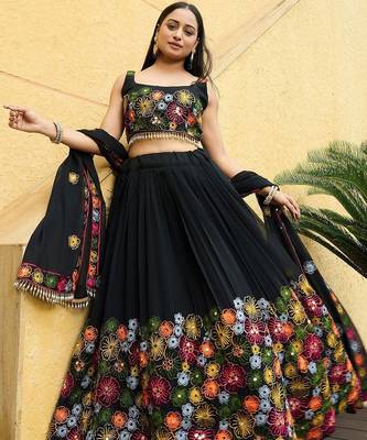 Embroidered Mirror Work Semi-Stitched Lehenga & Blouse With Dupatta 4