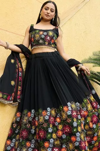 Embroidered Mirror Work Semi-Stitched Lehenga & Blouse With Dupatta