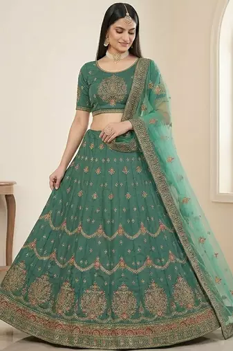 Embroidered Thread Work Semi-Stitched Lehenga & Blouse With Dupatta