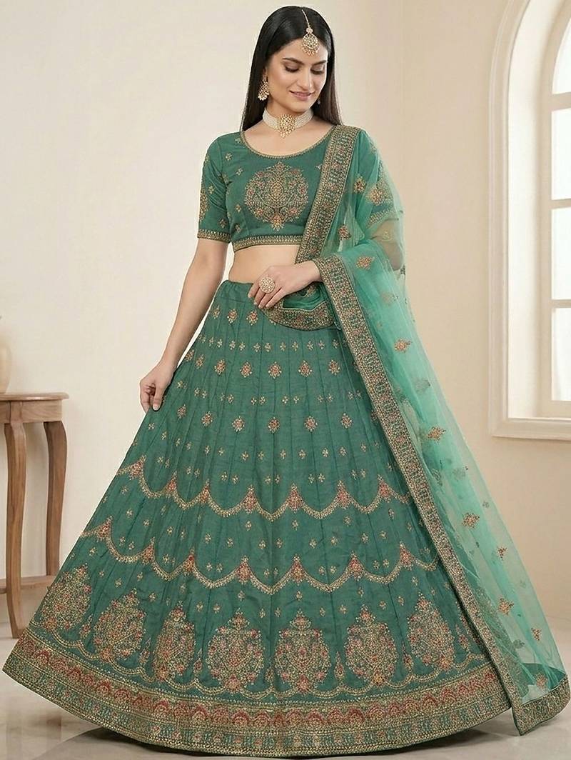 Embroidered Thread Work Semi-Stitched Lehenga & Blouse With Dupatta