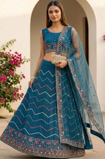 Embroidered Thread Work Semi-Stitched Lehenga & Blouse With Dupatta