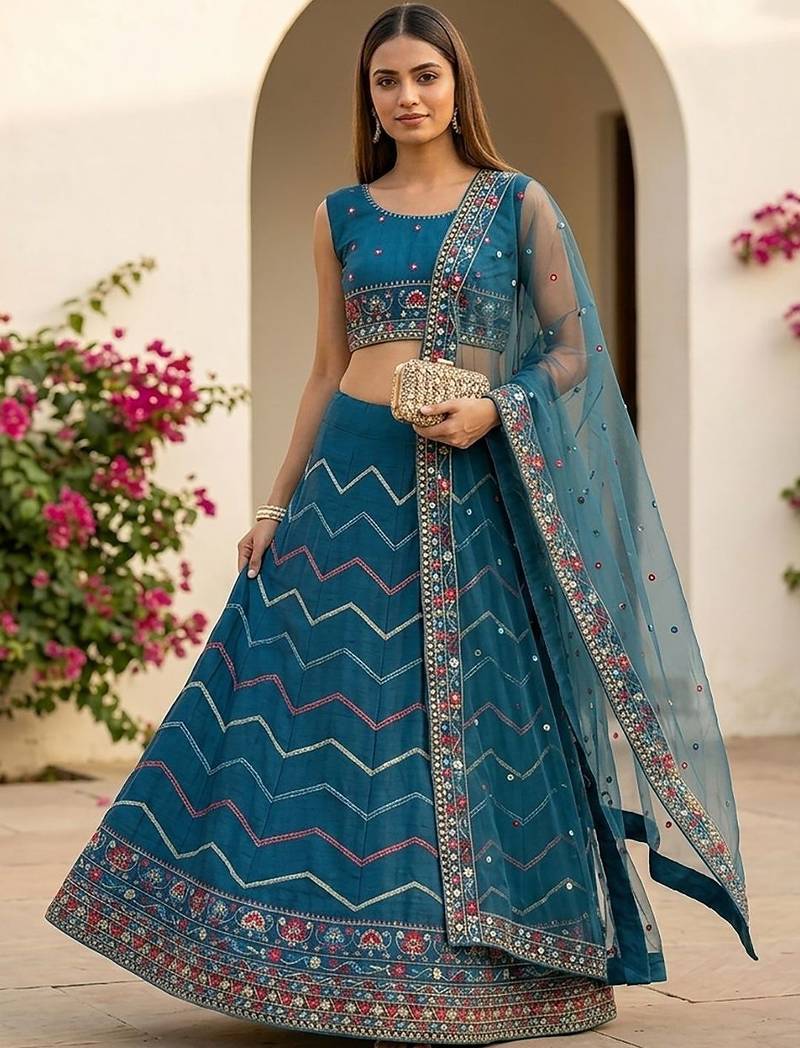 Embroidered Thread Work Semi-Stitched Lehenga & Blouse With Dupatta