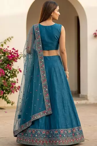 Embroidered Thread Work Semi-Stitched Lehenga & Blouse With Dupatta