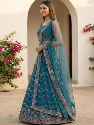 Embroidered Thread Work Semi-Stitched Lehenga & Blouse With Dupatta 3