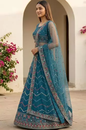 Embroidered Thread Work Semi-Stitched Lehenga & Blouse With Dupatta