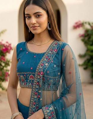 Embroidered Thread Work Semi-Stitched Lehenga & Blouse With Dupatta 4