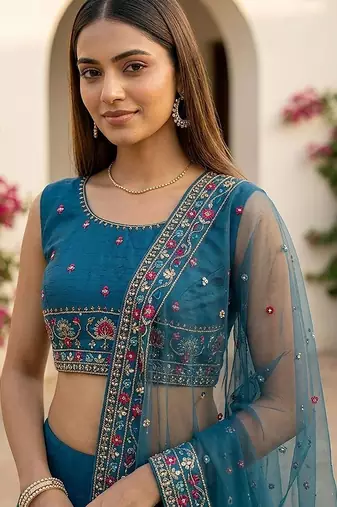 Embroidered Thread Work Semi-Stitched Lehenga & Blouse With Dupatta