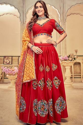 Embroidered Thread Work Semi-Stitched Lehenga & Blouse With Dupatta