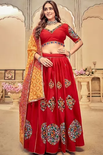 Embroidered Thread Work Semi-Stitched Lehenga & Blouse With Dupatta