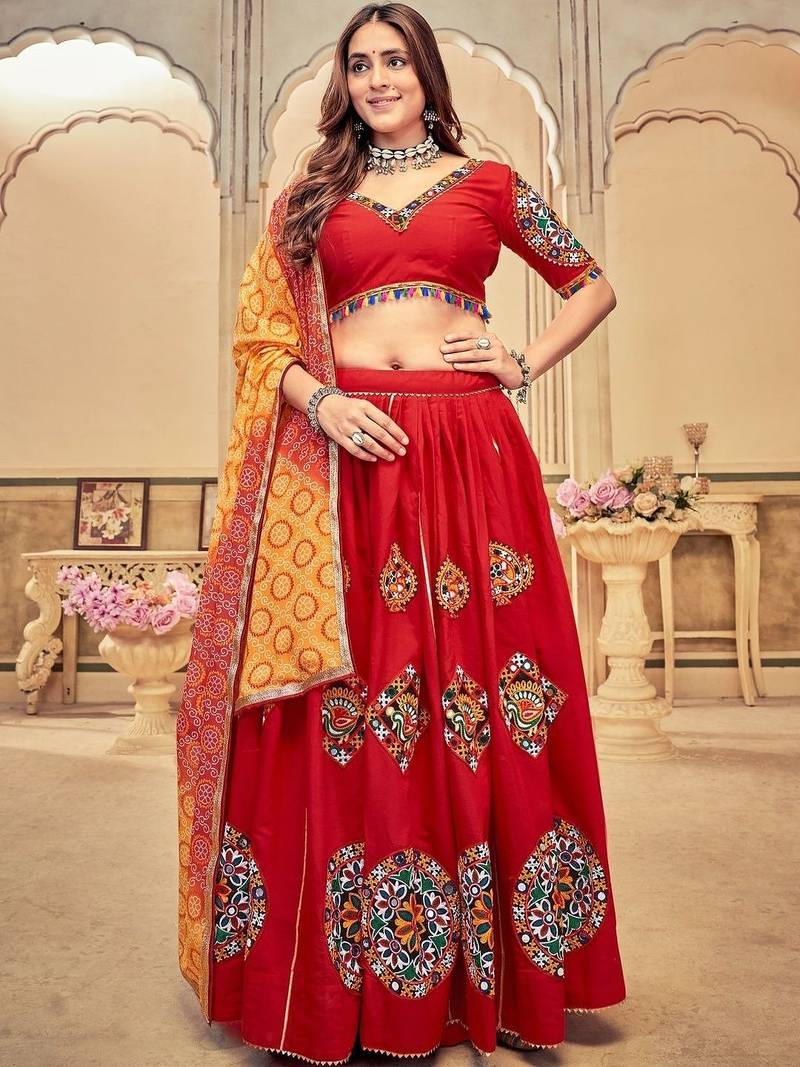 Embroidered Thread Work Semi-Stitched Lehenga & Blouse With Dupatta