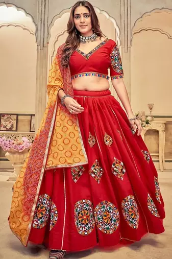 Embroidered Thread Work Semi-Stitched Lehenga & Blouse With Dupatta