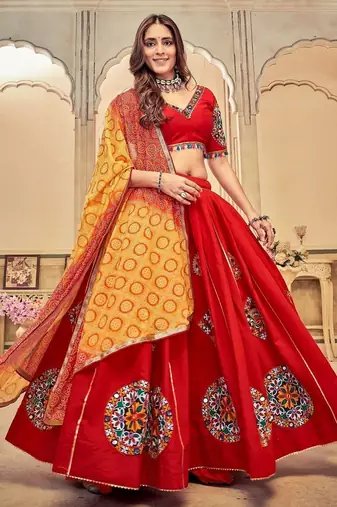 Embroidered Thread Work Semi-Stitched Lehenga & Blouse With Dupatta