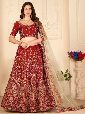 Embroidered Thread Work Semi-Stitched Lehenga & Blouse With Dupatta 1