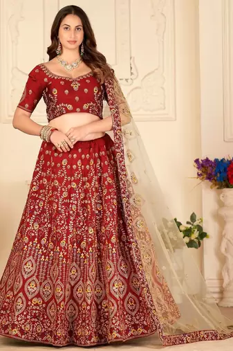 Embroidered Thread Work Semi-Stitched Lehenga & Blouse With Dupatta