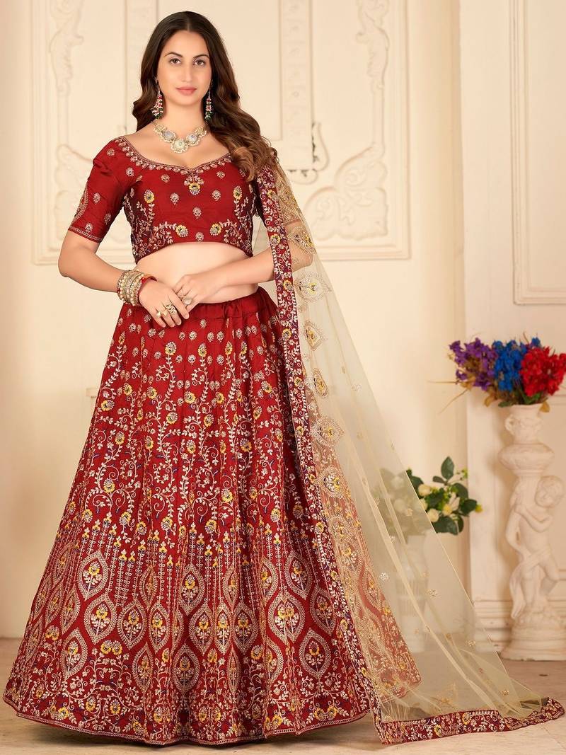 Embroidered Thread Work Semi-Stitched Lehenga & Blouse With Dupatta