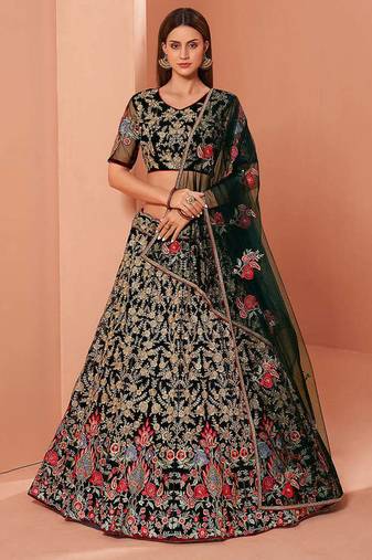 Green Elegant Zari & Sequin Embroidered Net Bridal Lehenga for Wedding & Festive Wear