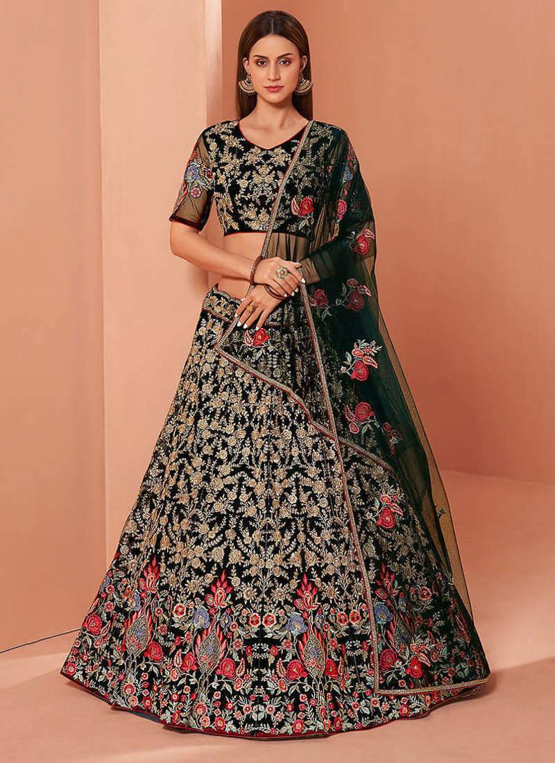 Green Elegant Zari & Sequin Embroidered Net Bridal Lehenga for Wedding & Festive Wear