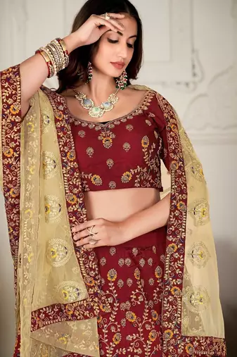Embroidered Thread Work Semi-Stitched Lehenga & Blouse With Dupatta