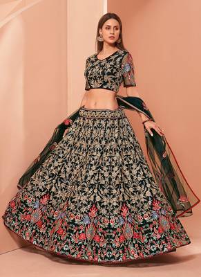 Green Elegant Zari & Sequin Embroidered Net Bridal Lehenga for Wedding & Festive Wear 2