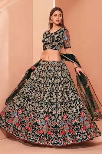 Green Elegant Zari & Sequin Embroidered Net Bridal Lehenga for Wedding & Festive Wear