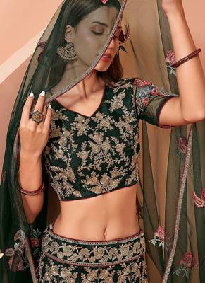 Green Elegant Zari & Sequin Embroidered Net Bridal Lehenga for Wedding & Festive Wear 3
