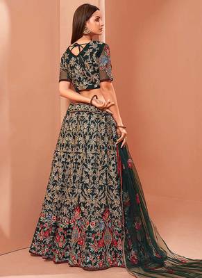 Green Elegant Zari & Sequin Embroidered Net Bridal Lehenga for Wedding & Festive Wear 4