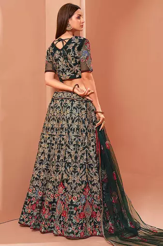 Green Elegant Zari & Sequin Embroidered Net Bridal Lehenga for Wedding & Festive Wear